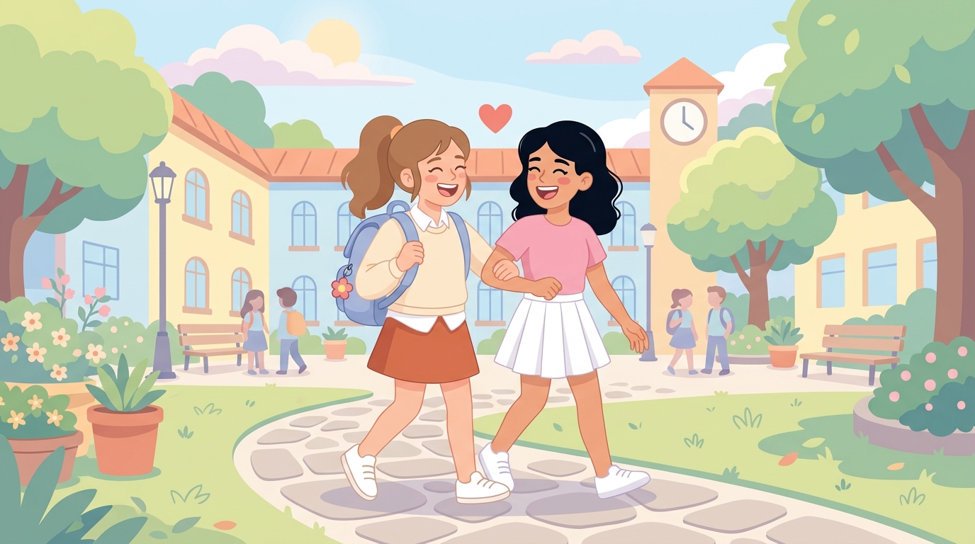 Yara et son amie Nour marchent bras dessus bras dessous dans la cour de l'école